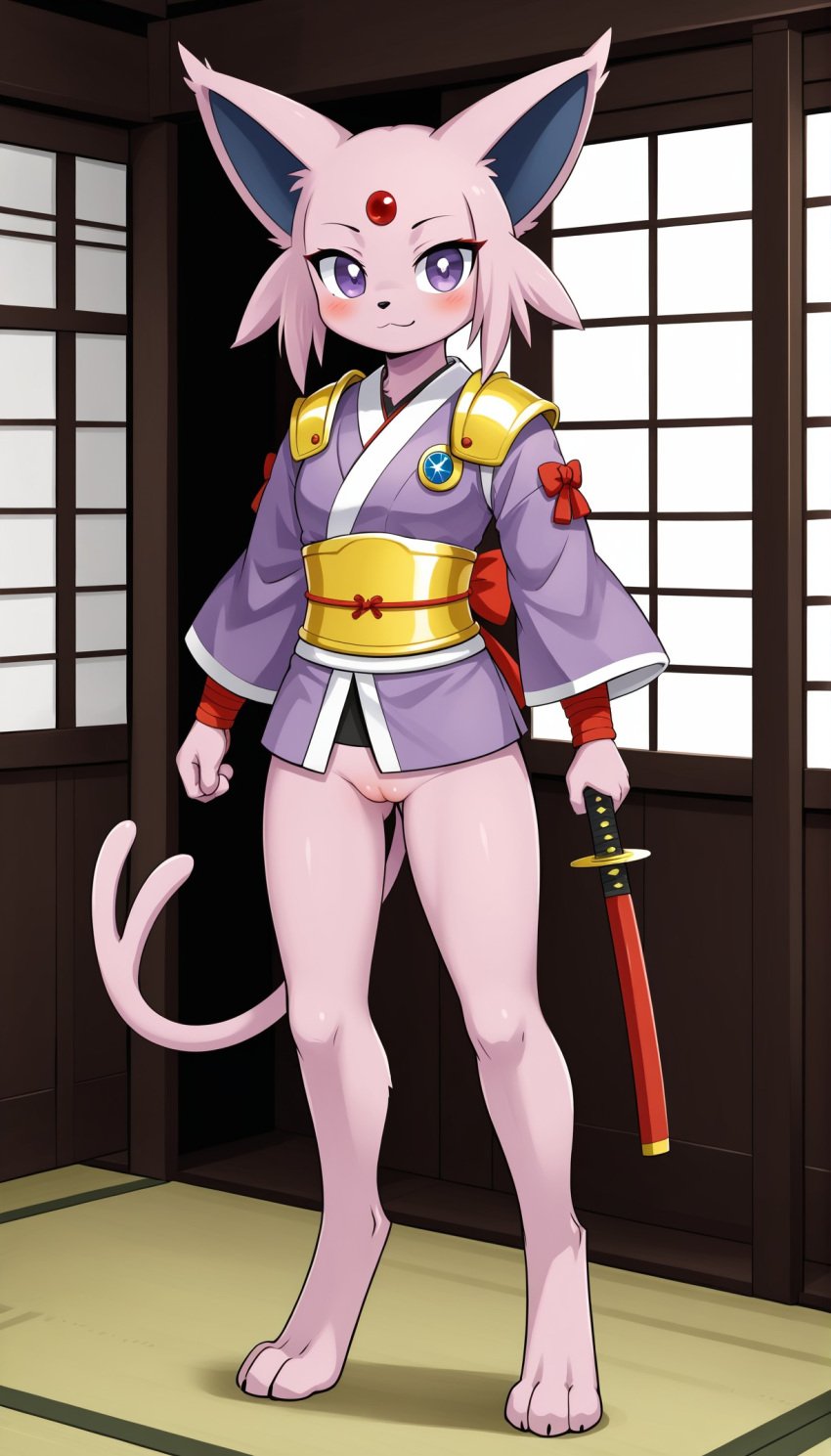 1girls 2024 ai_generated anthro blushing bottomless bottomless_female espeon female female_only generation_2_pokemon gold_armor hi_res indoors innie_pussy japanese_clothes japanese_clothing katana looking_at_viewer nintendo pink_fur pokemon pokemon_(species) purple_eyes pussy samurai smile