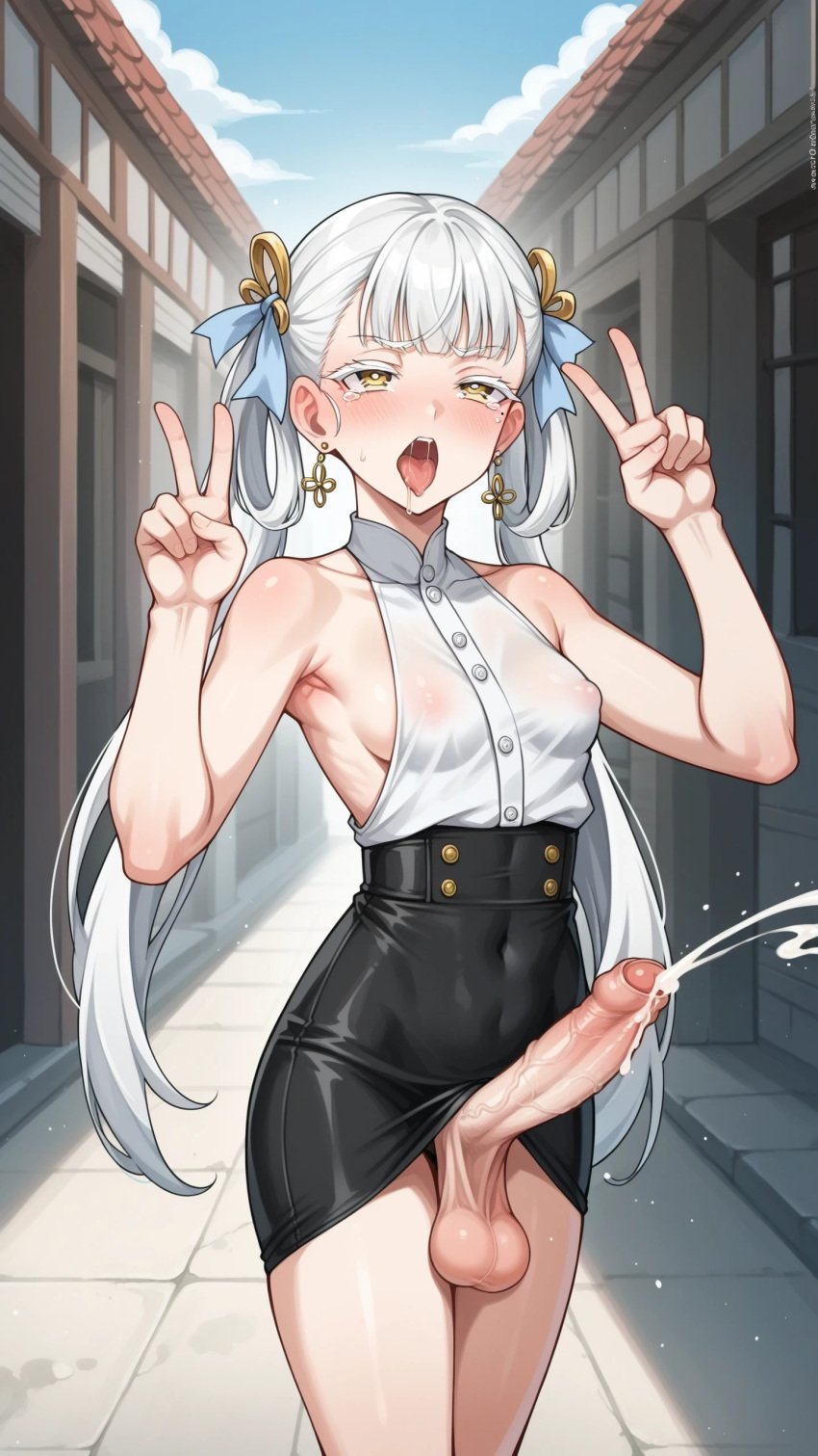 1futa ahe_gao ai_generated cum dickgirl ejaculation futanari gold_skirt jinhsi_(wuthering_waves) pencil_skirt penis slitless_pencil_skirt testicles tight_pencil_skirt twintails white_shirt wuthering_waves yuuki_snow