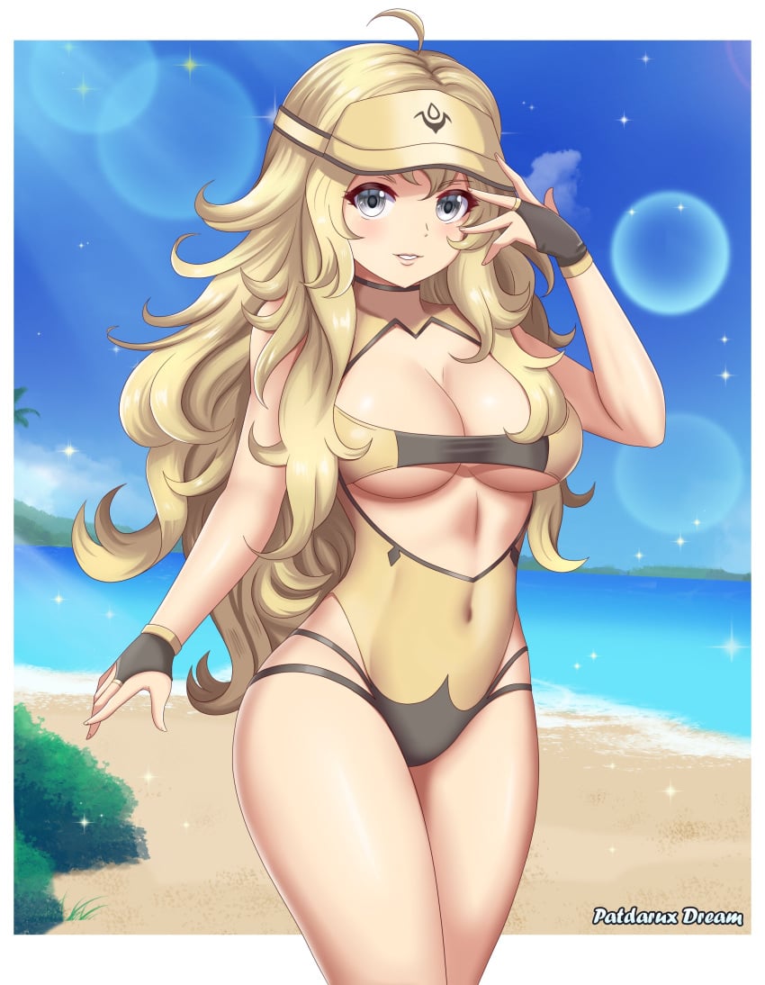 ahoge alternate_costume bare_arms bare_thighs beach blonde_hair breasts bridal_gauntlets cleavage covered_navel female female_only fire_emblem fire_emblem_fates fully_clothed grey_eyes grin hair_over_shoulder hat large_breasts lens_flare long_hair looking_at_viewer nintendo ocean one-piece_swimsuit ophelia_(fire_emblem) outdoors patdarux revealing_clothes smile sparkles standing swimsuit thighs tight_clothing underboob very_long_hair visor_cap yellow_hair yellow_one-piece_swimsuit yellow_swimsuit