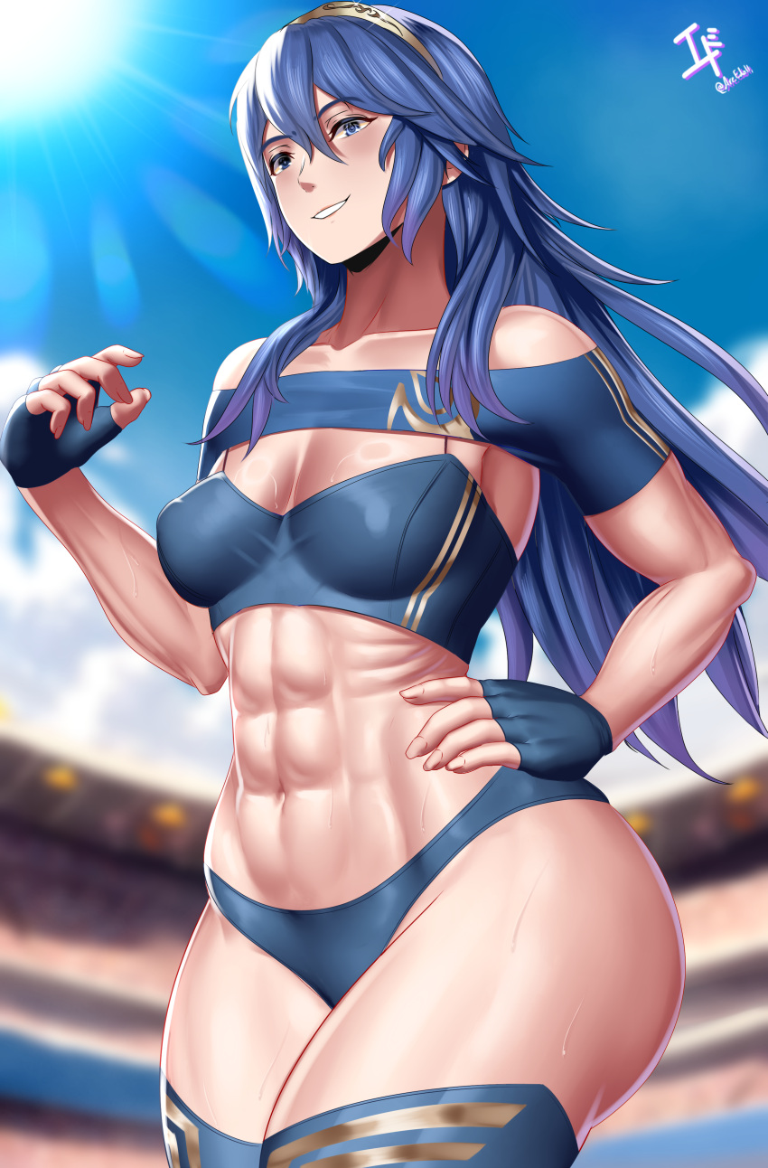 1girls abs arcedo bare_midriff bare_thighs blue_eyes blue_hair breasts covered_nipples female female_only fingerless_gloves fire_emblem fire_emblem_awakening gloves hair_between_eyes long_hair looking_at_viewer lucina_(fire_emblem) medium_breasts midriff multicolored_hair muscular muscular_female nintendo outdoors short_shorts shorts solo stadium_background symbol-shaped_pupils thick_thighs thighs tiara very_long_hair