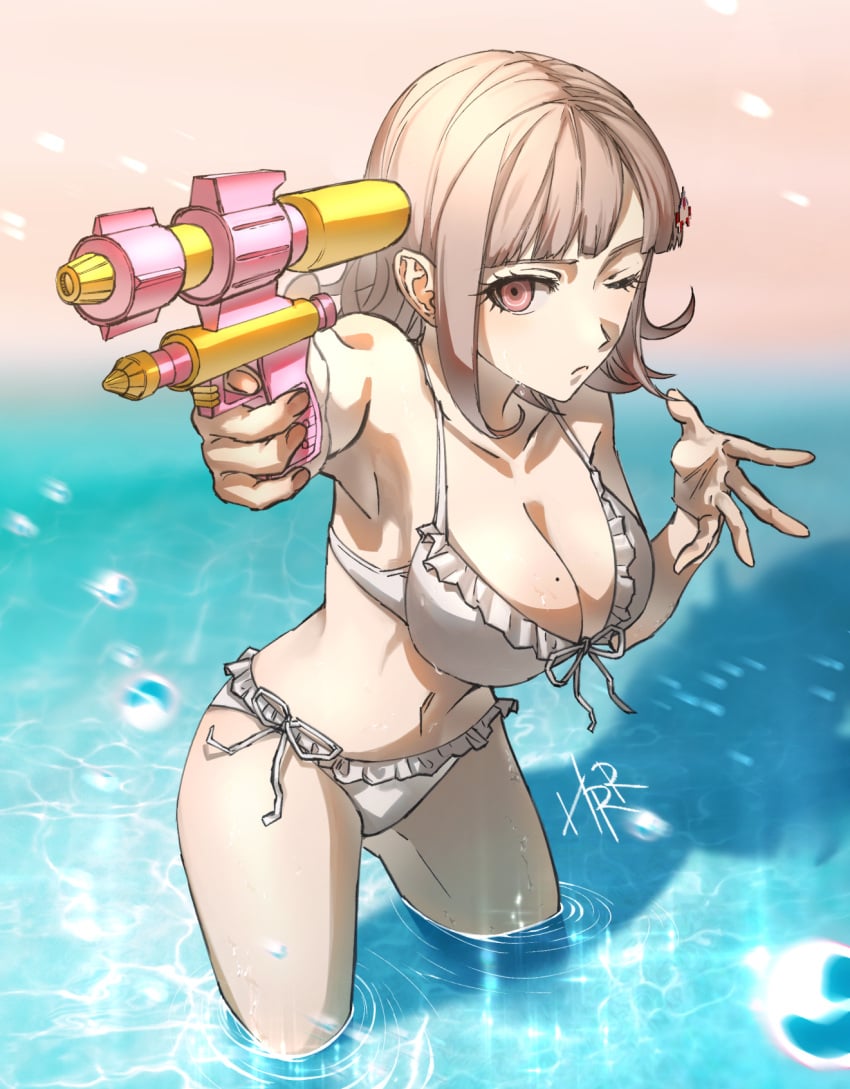 2d 5_fingers artist_signature big_breasts bikini breasts cleavage danganronpa danganronpa_2:_goodbye_despair hair_ornament harari looking_at_viewer nanami_chiaki navel swimsuit water water_gun white_bikini wink