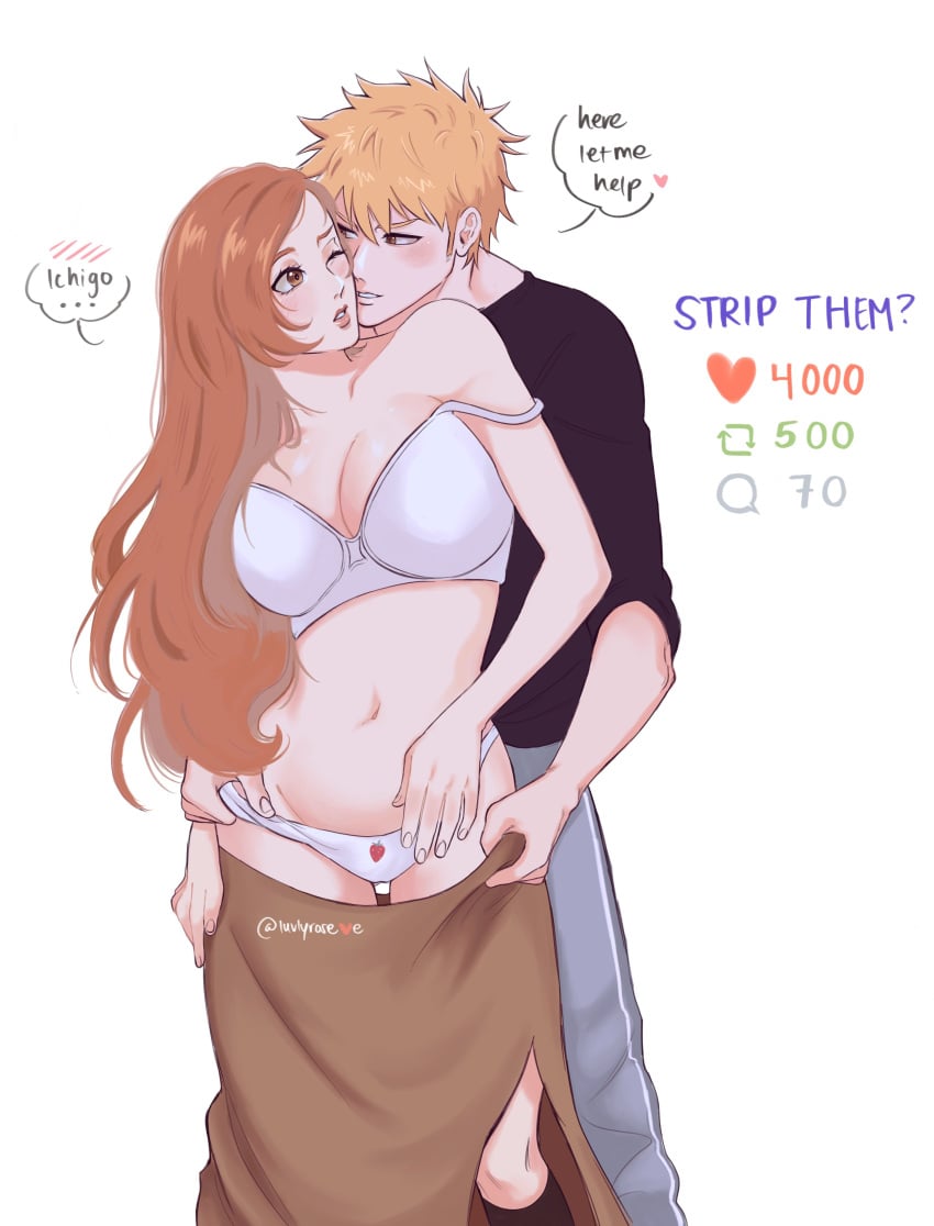 1boy 1girls big_breasts bleach bra breasts canon_couple cleavage dialogue female husband_and_wife ichigo_kurosaki inoue_orihime light_skin luvlyroseve one_eye_closed orange_hair panties pattern_underwear romantic strip_game undressing undressing_another wholesome