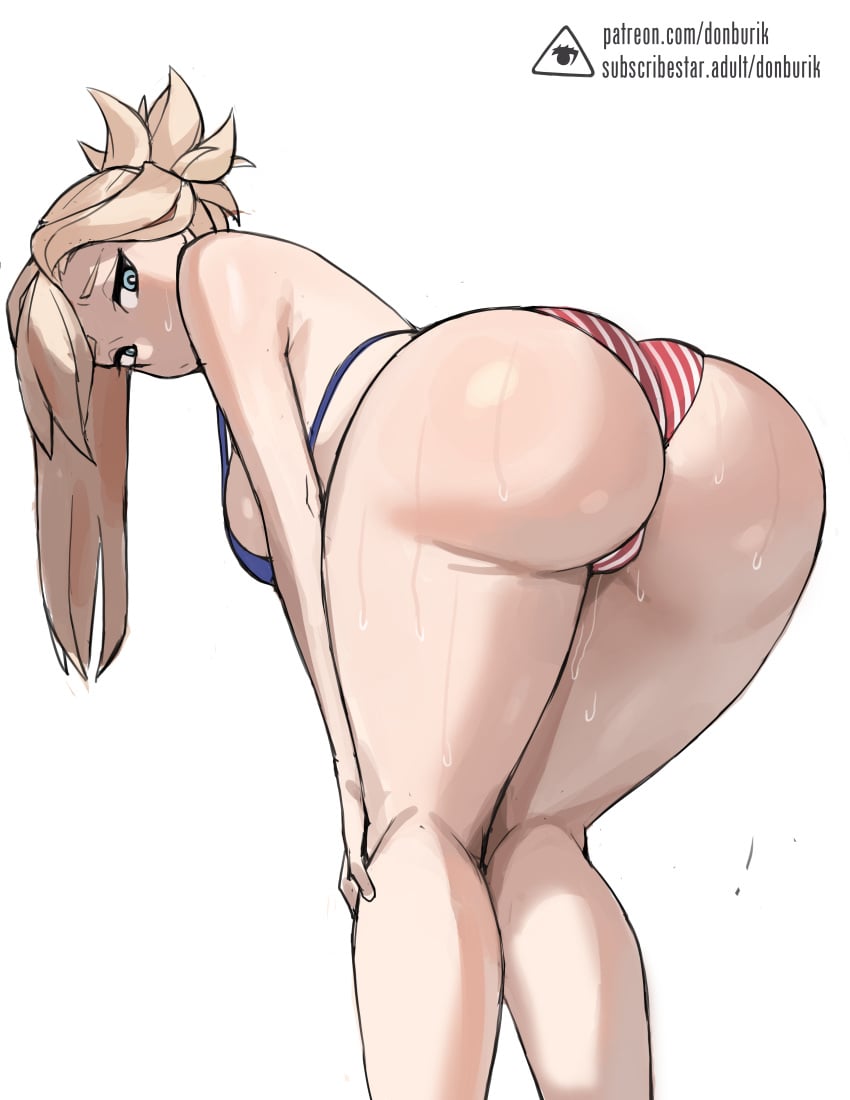 1girls american_flag_bikini ass bent_over bikini blonde_hair blue_eyes breasts dat_ass donburikazoku fate/grand_order fate_(series) female huge_ass huge_breasts light-skinned_female light_skin long_hair miyamoto_musashi_(fate) miyamoto_musashi_(swimsuit_berserker) pink_hair sideboob sweat thick_thighs white_background