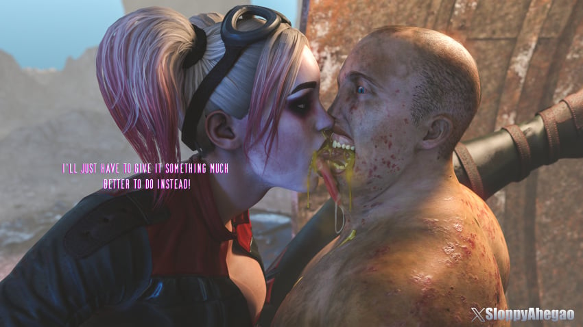 1girl 3d 3d_(artwork) batman_(series) dc dc_comics drool drooling female french_kiss french_kissing harley_quinn harley_quinn_(injustice) injustice_2 kissing monster sloppyahegao tongue_kiss tongue_sucking ugly_bastard ugly_man