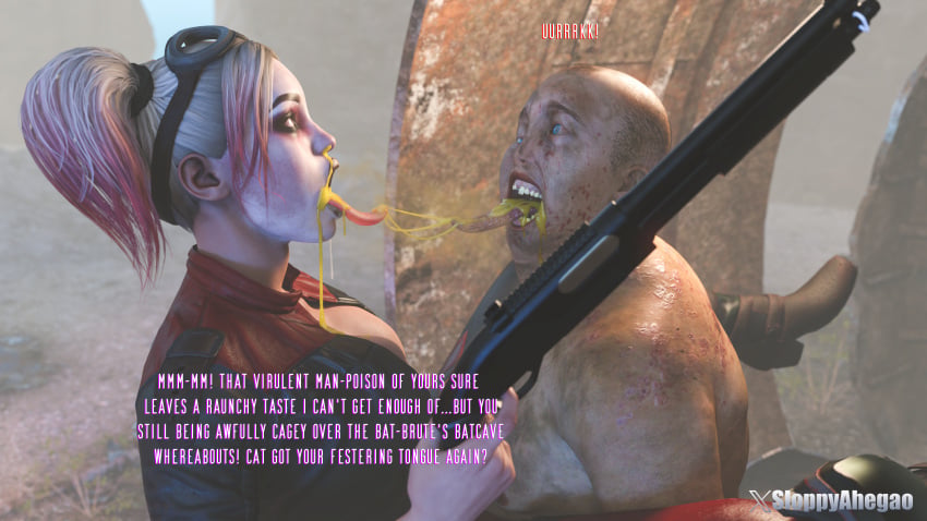 1girl 3d 3d_(artwork) batman_(series) dc dc_comics drool drooling female french_kiss french_kissing harley_quinn harley_quinn_(injustice) injustice_2 kissing monster sloppyahegao tongue_kiss tongue_sucking ugly_bastard ugly_man