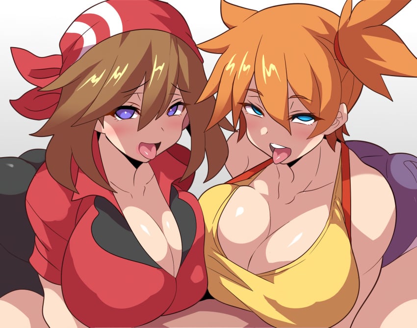 2girls aqua_eyes ass bandana bare_shoulders bike_shorts blouse blue_eyes breasts brown_hair cleavage creatures_(company) game_freak gym_leader hair_between_eyes jewelry kasumi_(pokemon) konno_tohiro large_breasts looking_at_viewer may_(pokemon) micro_shorts midriff multiple_girls nintendo orange_hair pokemon pokemon_(anime) pokemon_(classic_anime) pokemon_rse red_bandana red_shirt shirt short_hair shorts sleeveless sleeveless_shirt smile suspenders tongue tongue_out waifu2x yellow_shirt