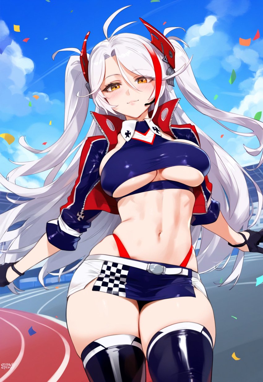 1female 1girls ai_generated azur_lane belly_button big_breasts blush checkered_skirt choker long_hair orange_eyes pigtails prinz_eugen_(final_lap)_(azur_lane) tagme thick_thighs thong_straps truck_kun white_hair