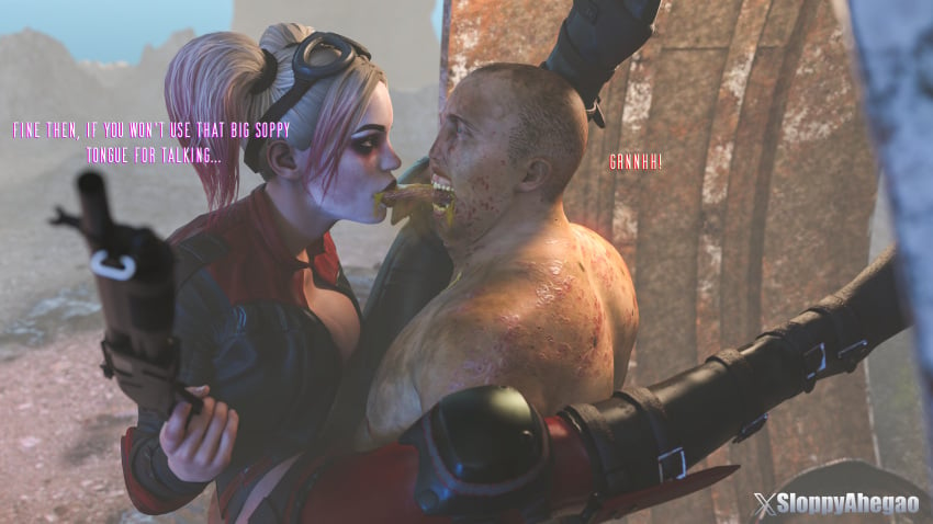 1boy 1boy1girl 1girls 3d 3d_(artwork) drool drooling french_kiss french_kissing harley_quinn harley_quinn_(injustice) kissing monster sloppyahegao tongue_kiss tongue_sucking ugly_bastard ugly_man