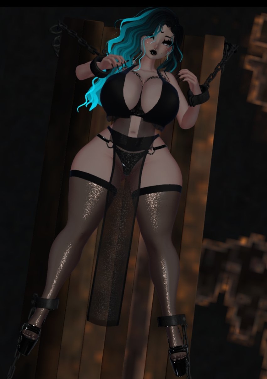 big_ass big_breasts black_hair bondage chains cute dm dungeon girly goth rape restrained table taller_girl thick_thighs torture vr_headset vrchat vrchat_avatar vrchat_media vrchat_model wood_floor