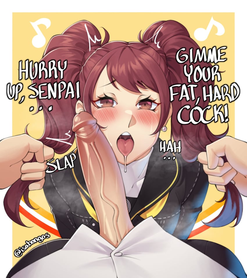 1boy 1female 1girls 1male 2d 2d_(artwork) asian asian_female asking_for_it atlus blush brown_eyes brown_hair clothed clothing cock_worship earrings english english_text female female_focus genitals grabbing_hair handlebars hi_res high_resolution highres horny horny_female imminent_oral imminent_sex isabongos kujikawa_rise light-skinned_female light_skin looking_at_viewer looking_up looking_up_at_viewer male male/female male_pov megami_tensei narukami_yu open_mouth penis penis_through_fly persona persona_4 pov saliva sega steam text tongue tongue_out twintails