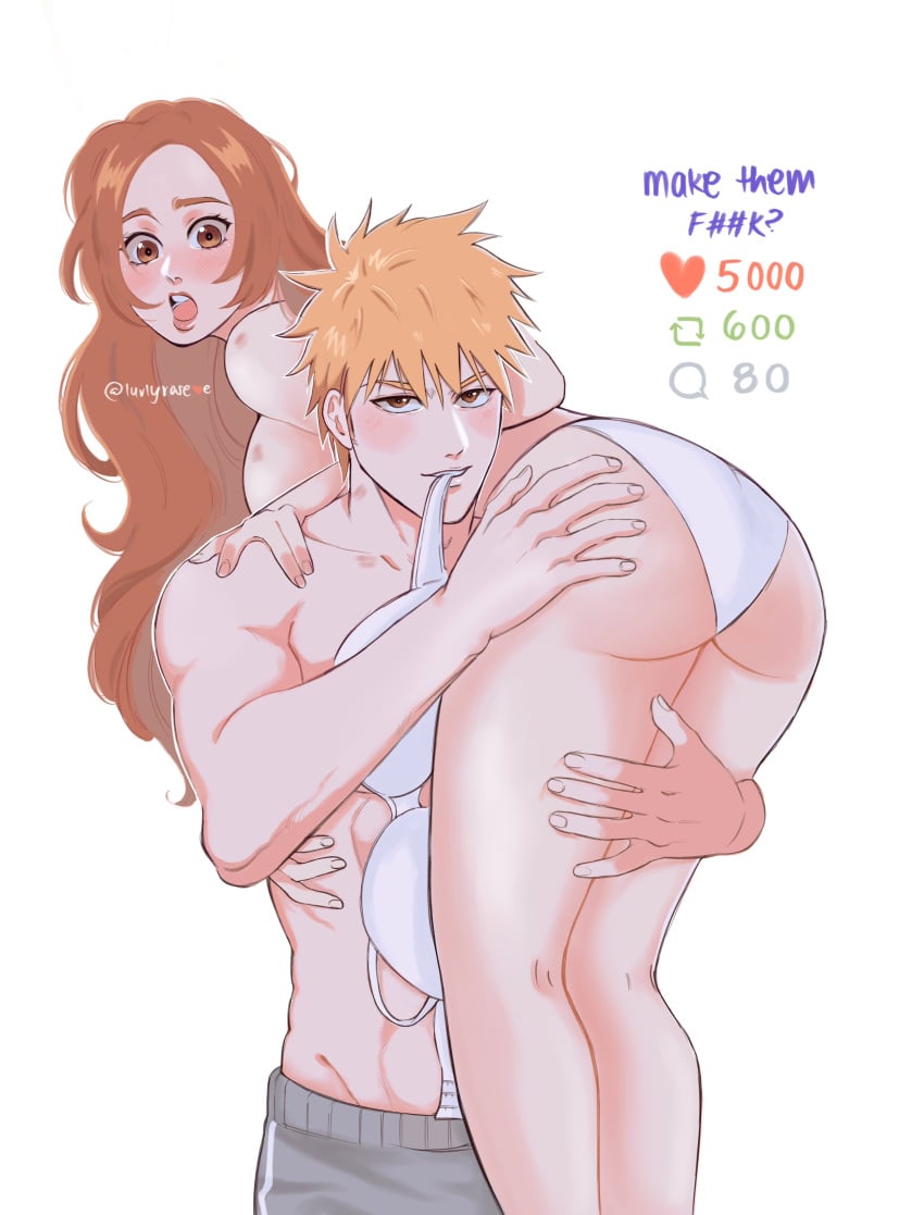 1boy 1girls abs ass big_ass biting_clothes bleach bra_removed canon_couple carrying carrying_partner female hand_on_ass ichigo_kurosaki inoue_orihime light_skin looking_back luvlyroseve orange_hair over_shoulder panties shirtless shoulder_carry sideboob strip_game thick_thighs