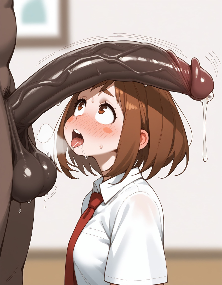 1boy 1girls ai_generated boku_no_hero_academia dark-skinned_male female huge_cock interracial male male/female medium_breasts my_hero_academia netorare ntr ochako_uraraka penis_awe school_uniform straight tagme vizzored