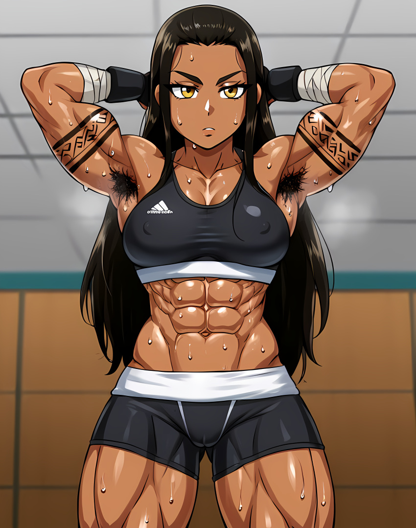 ai_generated armpit_hair black_hair dark-skinned_female serious_look sport sportswear stable_diffusion sweat sweating sweaty tribal_tattoo weightlifting