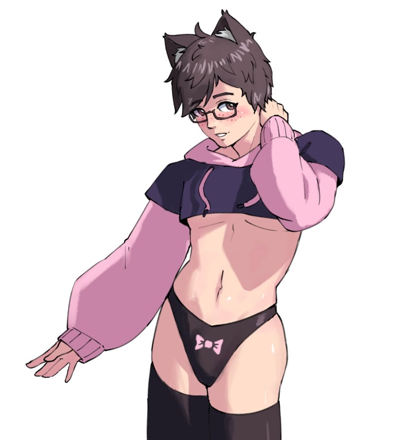 1boy black_hair blush cat_ears crop_top crossdressing femboy feminine_male freckles glasses jocat jocat_(character) male male_only original original_character paggi_outfit panties thighhighs