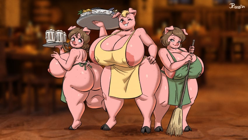 3girls apron apron_only ass breasts female_only joaoppereiraus mother_and_daughter multiple_girls paprika_(joaoppereiraus) paprika_pigge penelope_(joaoppereiraus) penelope_pigge pepper_pigge pig pig_girl revealing revealing_clothes skimpy skimpy_clothes tales_of_sezvilpan_(copyright) tavern tavern_wench twins