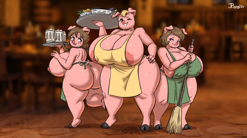 3girls apron apron_only ass breasts female_only joaoppereiraus mother_and_daughter multiple_girls paprika_(joaoppereiraus) paprika_pigge penelope_(joaoppereiraus) penelope_pigge pepper_(joaoppereiraus) pepper_pigge pig pig_girl revealing revealing_clothes skimpy skimpy_clothes tales_of_sezvilpan_(copyright) tavern tavern_wench twins