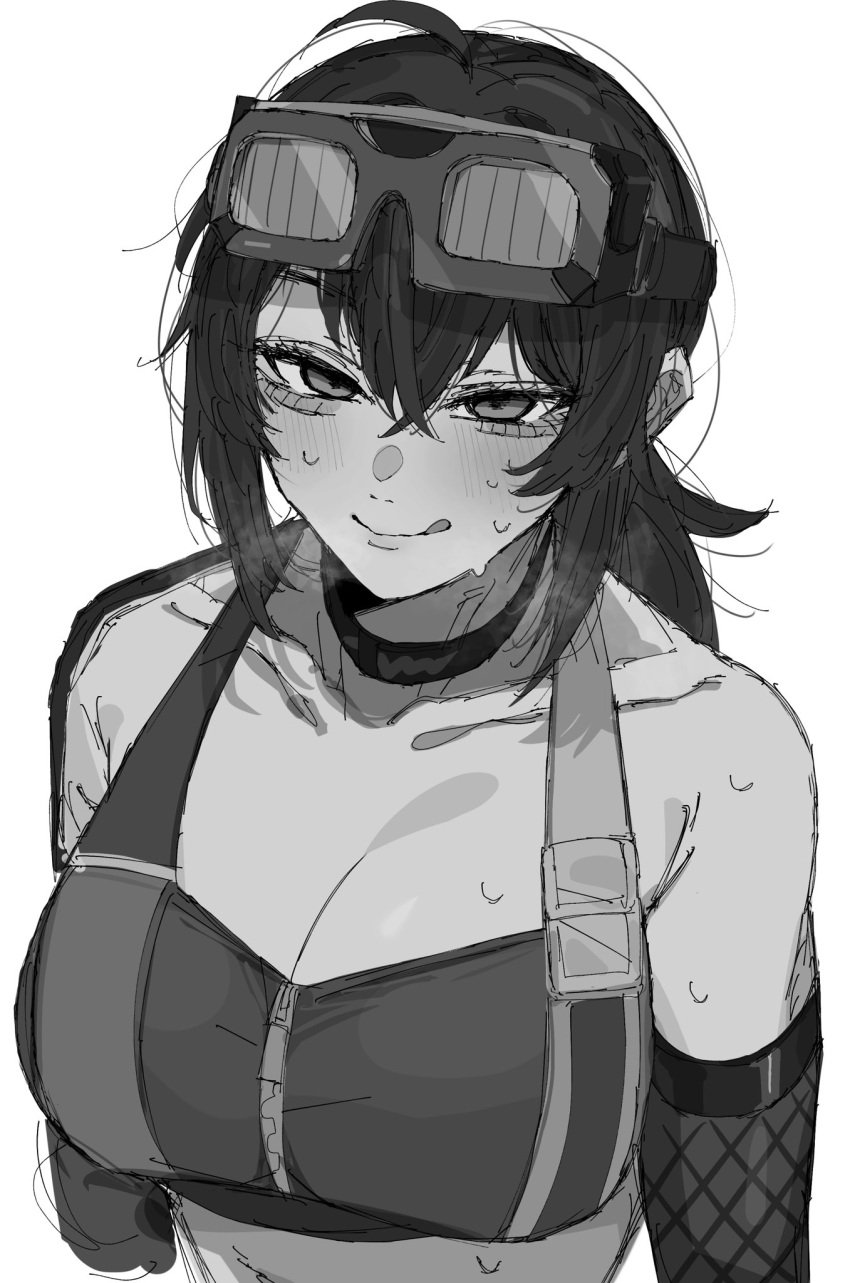 1girls big_breasts black_and_white busty carrot_011 cleavage clothed female female_only goggles goggles_on_head grace_howard hoyoverse huge_breasts large_breasts licking_lips mechanic mihoyo monochrome ponytail smile smiling smirk smirking tagme tied_hair tomboy zenless_zone_zero