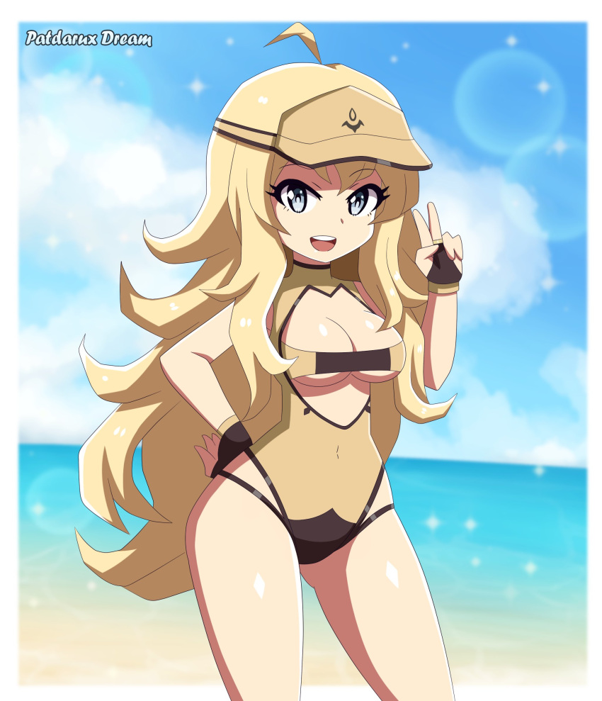 :d ahoge alternate_costume bare_arms bare_thighs beach blonde_hair breasts bridal_gauntlets cleavage covered_navel crossover fire_emblem fire_emblem_fates grey_eyes hair_over_shoulder hat lens_flare long_hair looking_at_viewer medium_breasts nintendo ocean one-piece_swimsuit open_mouth ophelia_(fire_emblem) outdoors patdarux smile sparkles standing swimsuit thighs underboob v very_long_hair visor_cap yellow_hair yellow_one-piece_swimsuit yellow_swimsuit