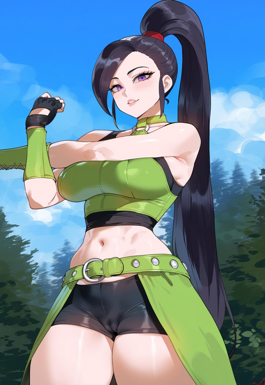 ai_generated black_hair black_shorts cameltoe creamy_ai curvy dragon_quest dragon_quest_xi jade_(dq11) large_breasts long_hair purple_eyes shorts thick_thighs wide_hips