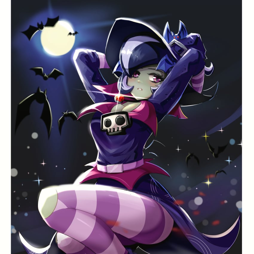 arms_behind_head arms_up bat cleavage edz_drawz edzdabaojian female fully_clothed goth goth_girl green_skin immorticia_(pvz) medium_breasts multicolored_hair pantyhose plants_vs_zombies plants_vs_zombies:_heroes ponytail purple_eyes pvz thick_thighs white_background witch zombie zombie_girl