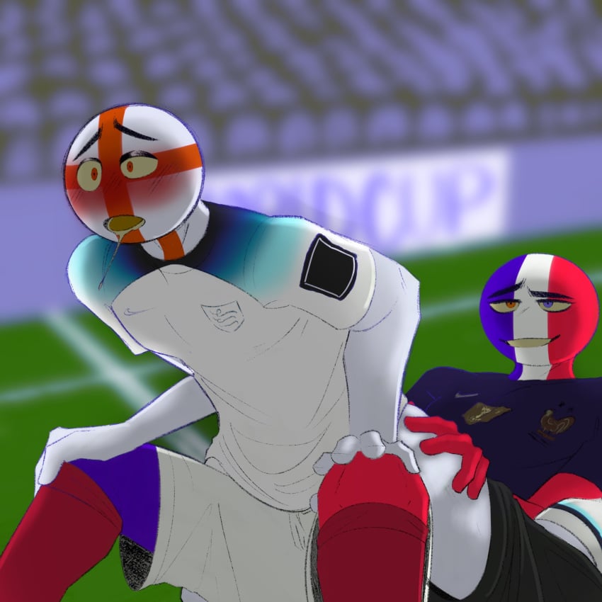 2boys blush countryhumans england_(countryhumans) france_(countryhumans) gay gay_sex heterochromia male male/male male_focus male_only public public_gay_sex public_sex soccer soccer_uniform world_cup