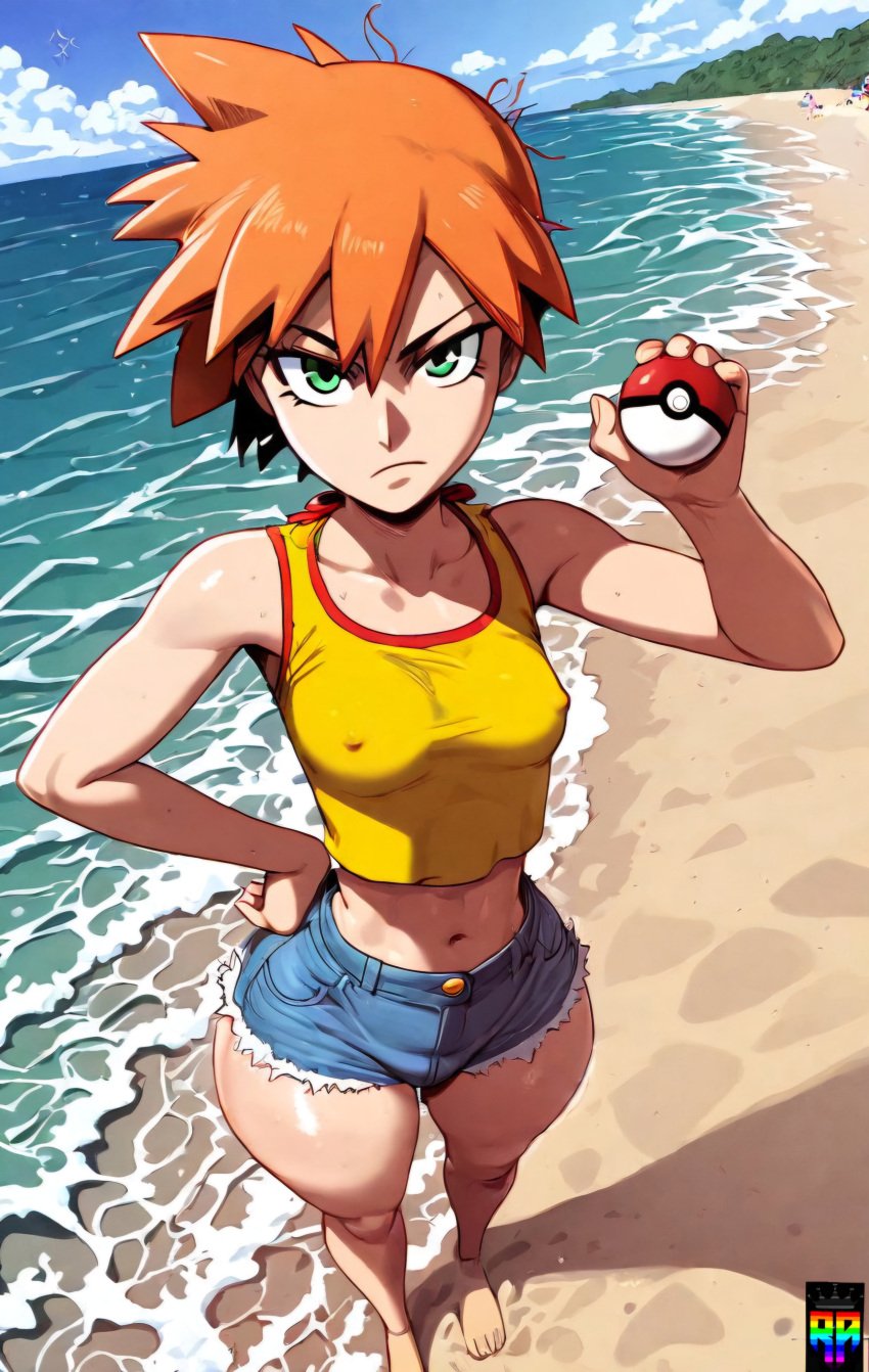 ai_generated beach big_hips blush bottom_heavy confrontation crop_top cute_face d-art_style duel erect_nipples feet green_eyes jean_shorts misty_(pokemon) ocean orange_hair pokeball pokemon repartz sand short_hair small_breasts small_waist thick_thighs tight_clothing waves