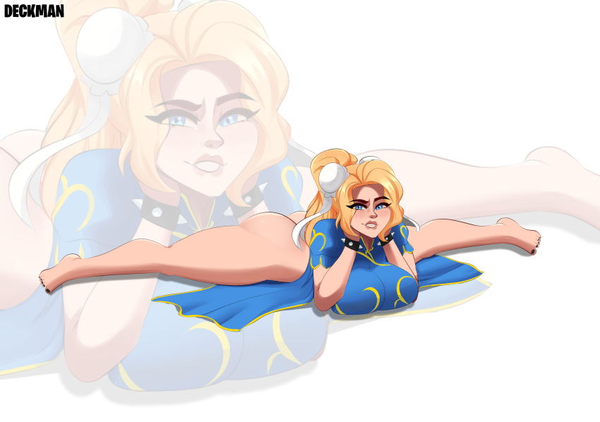 1girls absurd_res ass blonde_hair blue_eyes breasts chun-li_(cosplay) deckman female female_only hi_res large_breasts looking_at_viewer mrdeck original original_character solo spread_legs thighs