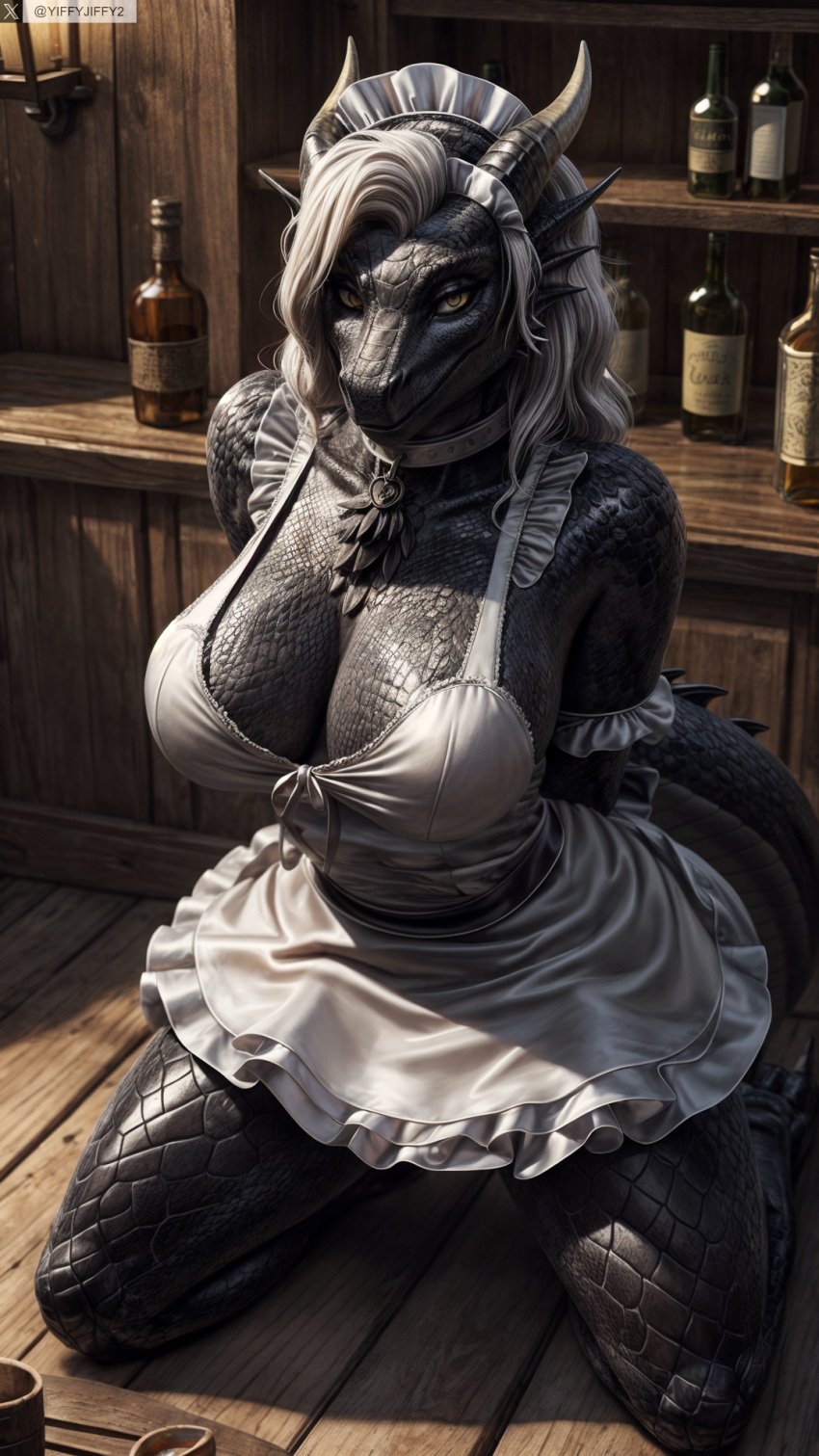 ai_generated alcohol anthro apron arms_behind_back artist_name black_horns black_skin bottle breasts choker cleavage colored_skin dragon_girl dragon_horns dragon_tail dress female female_anthro frills furry furry_female hi_res high_resolution highres horns indoors kneeling large_breasts long_hair looking_at_viewer maid maid_headdress monster_girl multicolored_skin photorealistic realistic reptile scales scalie slit_pupils solo stable_diffusion tail twitter twitter_username watermark wooden_floor yellow_eyes yiffyjiffy2 yiffyjiffy69