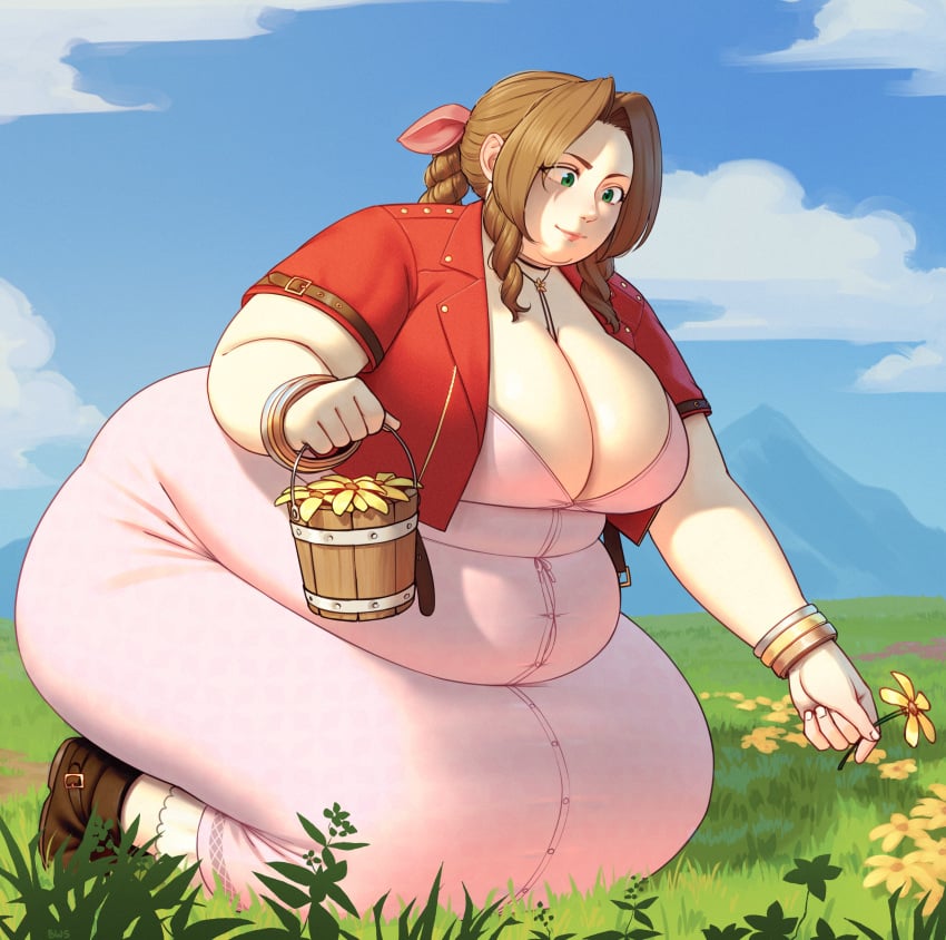 aerith_gainsborough better_with_salt big_belly big_boobs big_breasts chubby chubby_belly chubby_female double_chin fat fat_ass fat_woman final_fantasy final_fantasy_vii final_fantasy_vii_remake flower_basket huge_belly huge_breasts large_breasts morbidly_obese morbidly_obese_female obese obese_female overweight overweight_female picking_flowers