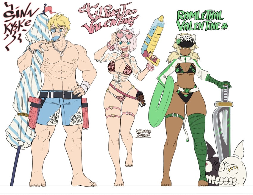 1boy 2girls abs aqua_eyes ass_visible_through_thighs belt bikini blonde_hair blue_eyes breasts dark_skin dat_ass elphelt_valentine fat_breasts female_focus flat_belly glasses guilty_gear guilty_gear_strive headwear large_breasts medium_breasts nagoriyuki ramlethal_valentine sin_kiske six_pack thighs wanderjegson water_gun white_hair wide_hips