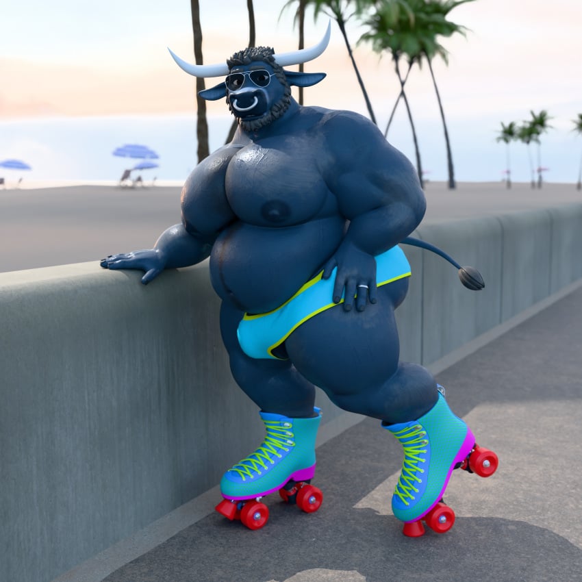 2024 13254 1:1 3d_(artwork) 5_fingers 80's_theme anthro ass aviator_glasses balls barely_visible_balls barely_visible_genitalia beach beard belly big_butt blue_body blue_nipples bodily_fluids body_hair bottomwear bovid bovine breasts cattle clothed clothing codans digit_ring digital_media_(artwork) erect_nipples eyewear facial_hair facial_piercing fingers footwear genitals glasses glistening glistening_body hair hand_on_hip happy_trail hi_res horn hotpants jewelry male mammal multicolored_body neon_colors nipples no_underwear nose_piercing nose_ring odis_(codans) palm_tree piercing plant ring ring_piercing roller_skates shirtless shorts solo sweat tail thick_arms thick_thighs tree two_tone_body umbrella wedding_ring