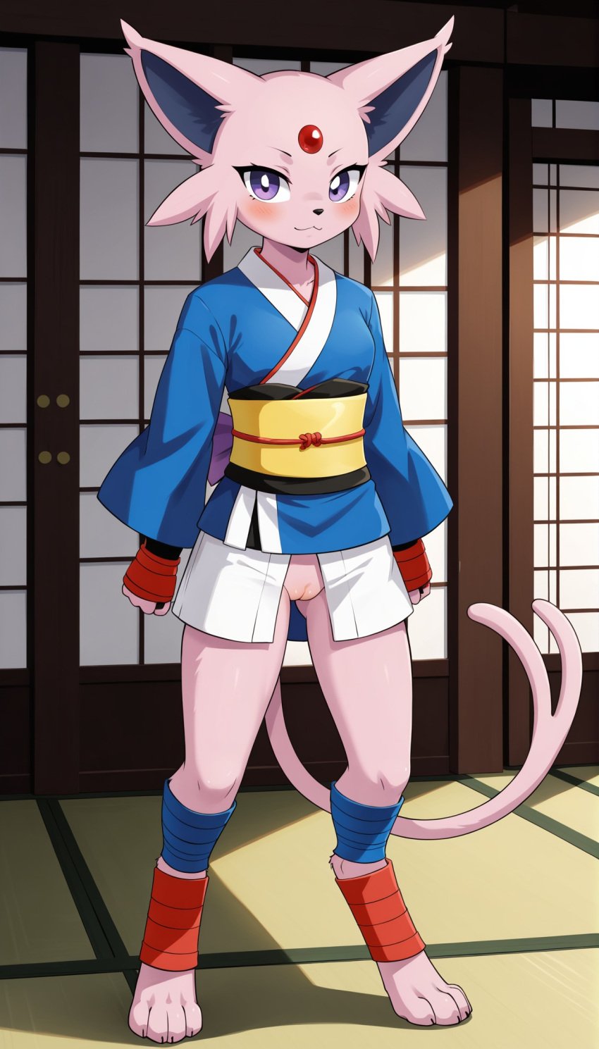 1girls 2024 ai_generated anthro blushing bottomless bottomless_female digitigrade espeon female female_only generation_2_pokemon hi_res indoors innie_pussy japanese_clothes japanese_clothing looking_at_viewer nintendo pink_fur pokemon pokemon_(species) purple_eyes pussy samurai smile