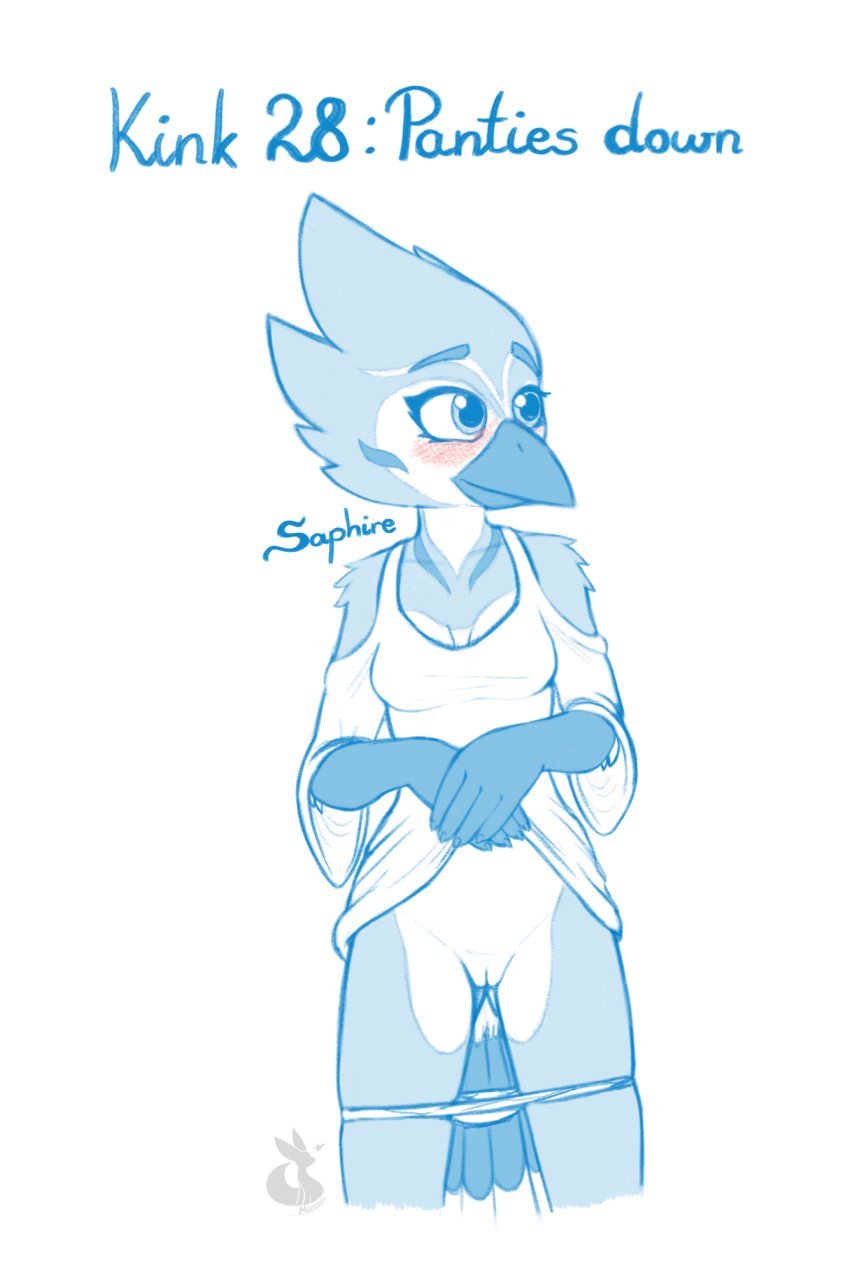 anthro avian bird blue_jay blush clothed clothing corvid digital_media_(artwork) dress feathers female genitals hi_res jay_(bird) kinktober looking_away mancoin new_world_jay oscine panties panties_down partially_clothed passerine pussy simple_background smile solo tail underwear underwear_down undressing