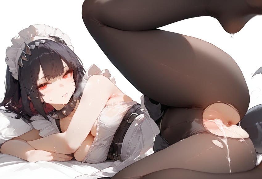 after_sex ai_generated anus ass bangs bare_shoulders belt black_hair black_legwear blush breasts buckle cleavage collar cum cum_in_ass cum_in_pussy cumdrip ellen_joe female looking_at_viewer lying maid_headdress meyro pantyhose red_eyes short_hair solo spread_legs tail torn_clothes torn_legwear zenless_zone_zero