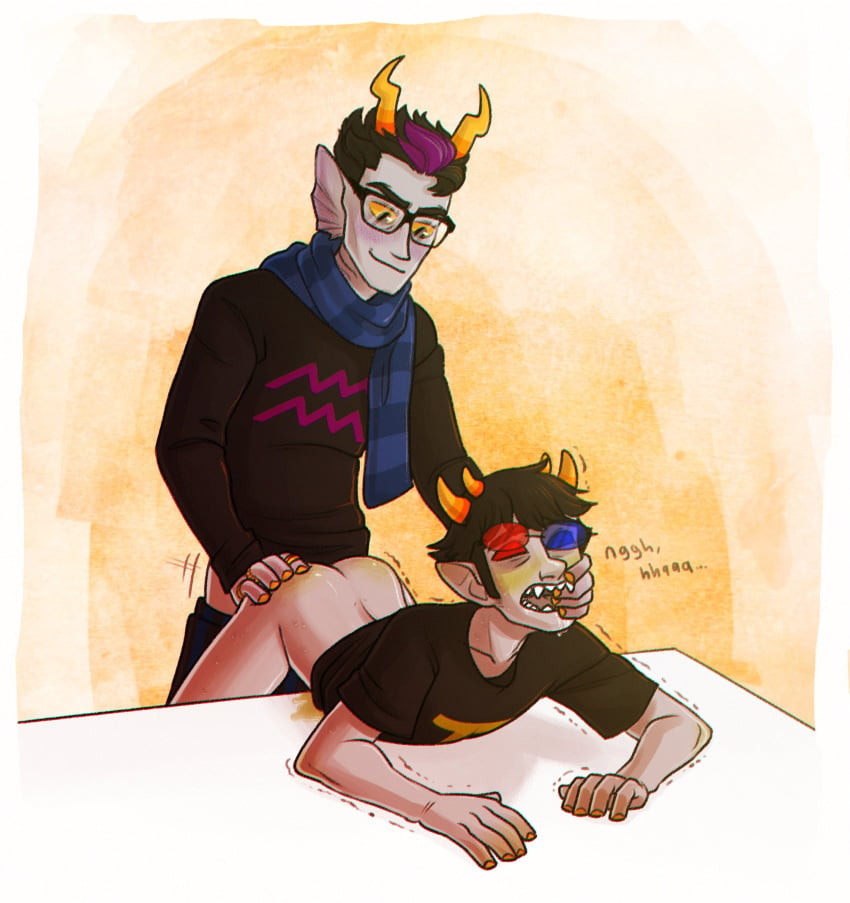 2boys 3d_glasses alien alien_humanoid black_hair black_hair_male bottomless clothed clothed_male colored_skin eridan_ampora fins gay glasses grey_skin headgear headwear homestuck homestuck_troll horn horns humanoid humanoid_alien lad male male_focus male_only mobiusdouble mouth_hold open_mouth partially_clothed partially_clothed_male shirt shirt_only short_hair short_hair_male sollux_captor t-shirt troll tshirt yaoi