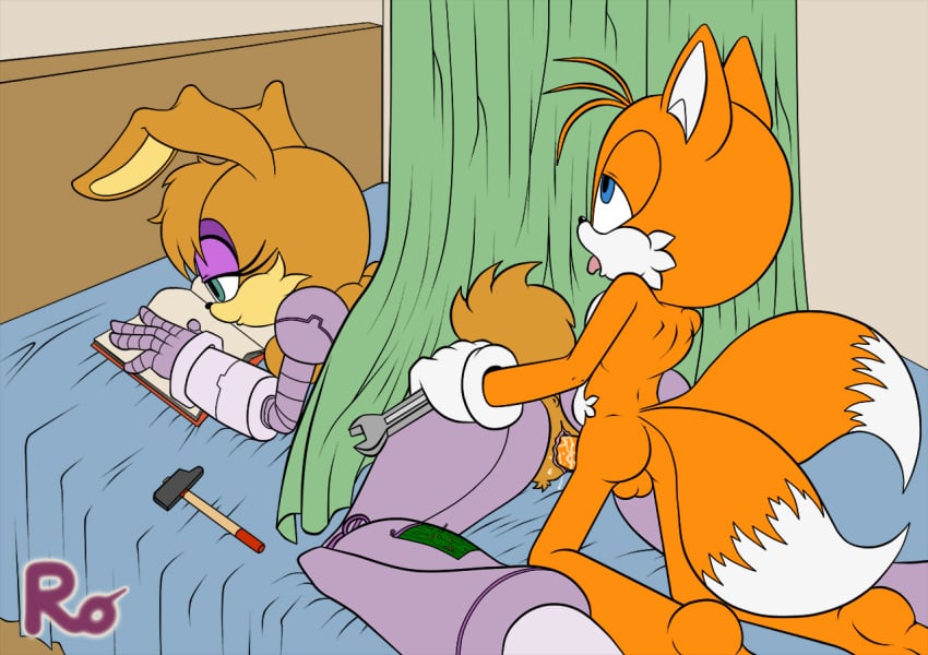 anus ass balls behind_another behind_curtain bunnie_rabbot miles_tails_prower penis pussy raianonzika sonic_(series) tails vaginal_penetration zerbukii