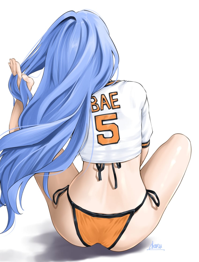 ass bikini blue_hair brushing_hair chaesu from_behind long_hair minah name_tag shirt thighs