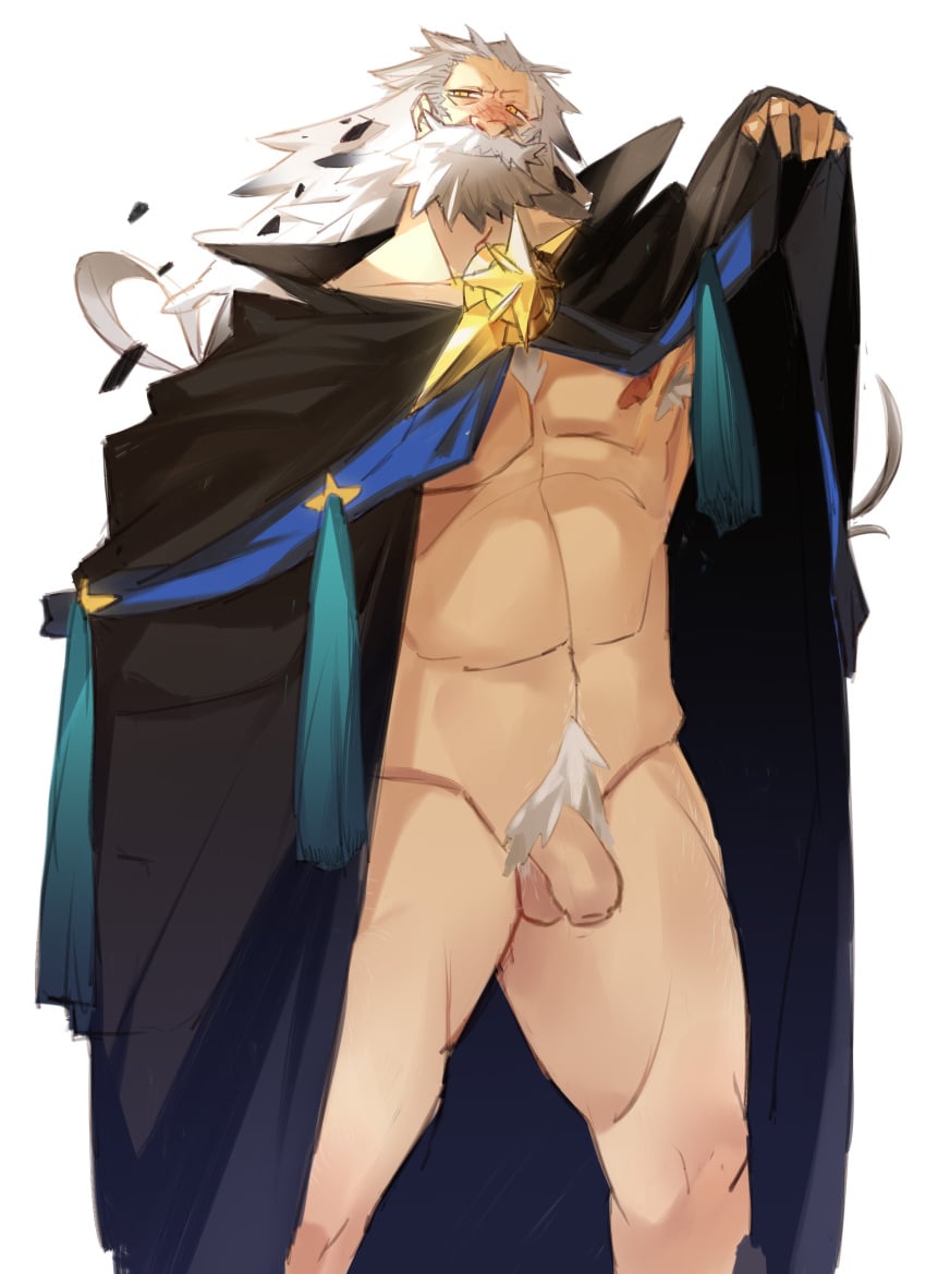 1boy abs absurdres bara bare_pectorals beard cape cloak facial_hair fate/grand_order fate_(series) feet_out_of_frame flaccid grey_hair highres long_hair male_focus male_only mature_male muscular muscular_male navel navel_hair nipples old old_man pectorals presenting_penis ptolemy_(fate) rathalosx4 solo standing stomach thick_beard thick_eyebrows uncensored white_background white_hair yellow_eyes