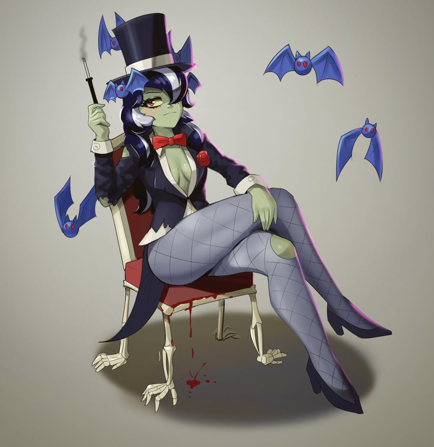 bat blood blood_stain braless cleavage edz_drawz edzdabaojian female fully_clothed goth goth_girl green_skin hat immorticia_(pvz) magic magical_girl magician medium_breasts multicolored_hair pantyhose plants_vs_zombies plants_vs_zombies:_heroes ponytail purple_eyes pvz sexy_pose thick_thighs top_hat wand white_background witch zombie zombie_girl