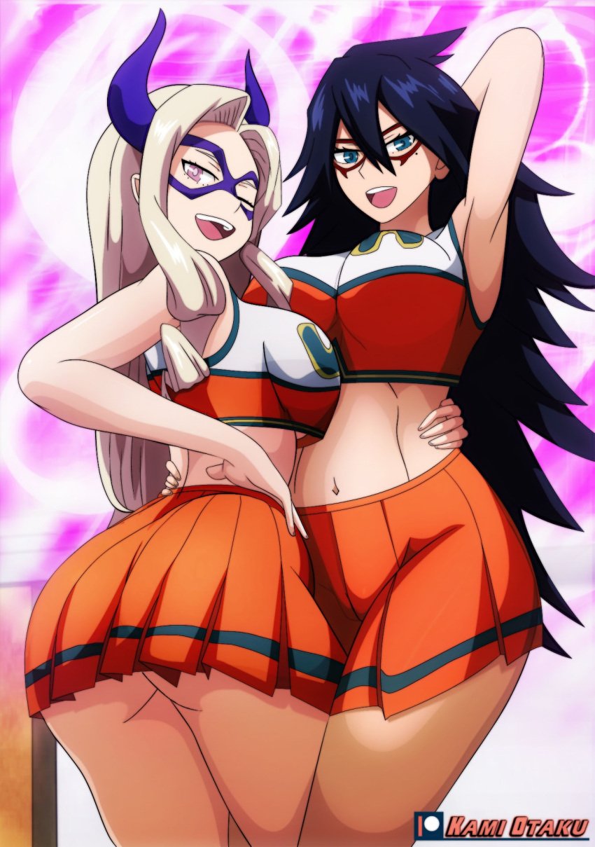 2girls alternate_costume alternate_version_available ass big_ass big_breasts black_hair blue_eyes bottomwear breasts cheerleader cheerleader_outfit cheerleader_uniform crop_top domino_mask eyewear face_mask female female_only hair hand_behind_head hand_on_hip hips huge_ass huge_breasts kami_otaku long_hair mask midnight_(my_hero_academia) midriff mole mole_under_eye mount_lady my_hero_academia navel nemuri_kayama one_eye_closed orange_skirt purple_eyes skirt thick_thighs thighs topwear wink yuu_takeyama