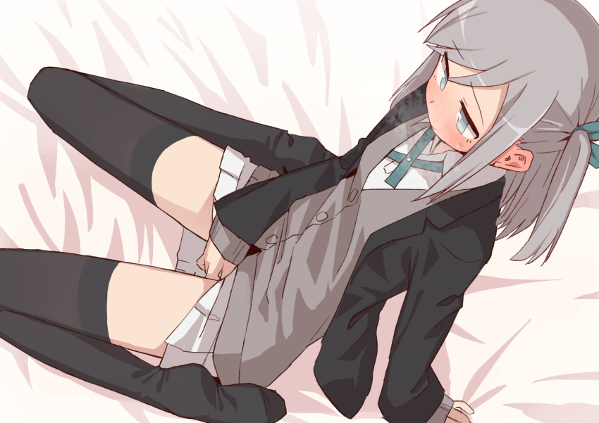 black_jacket black_thighhighs blue_eyes blush cardigan commentary_request female female_masturbation grey_hair heavy_breathing jacket masturbation medium_hair original sitting solo thighhighs two_side_up unomiki wariza