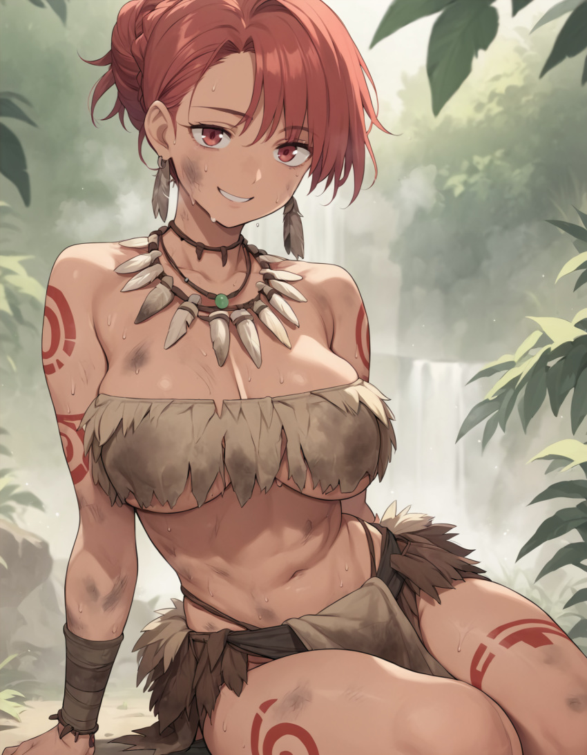 1girls abs ai_generated bracers dirty earrings jungle large_breasts naughty_face necklace pelvic_curtain red_eyes red_hair sitting smile supergetthi tattoo tribal tribal_markings tribal_tattoo underboob waterfall