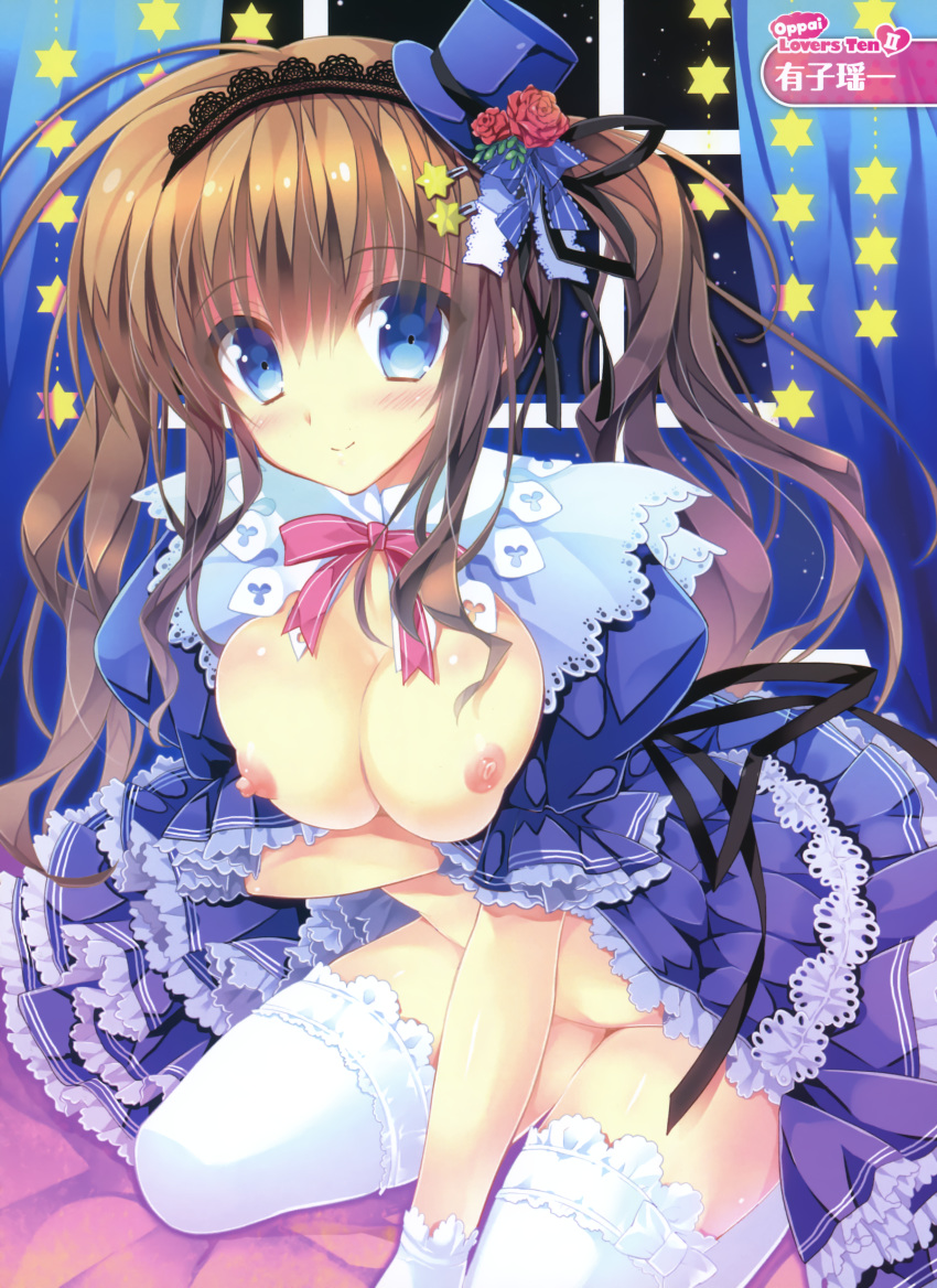 absurdres ariko_youichi blue_dress blue_eyes blush breasts breasts_out brown_hair copyright_request dress female hat highres large_breasts looking_at_viewer mini_hat mini_top_hat nipples no_bra no_panties puffy_short_sleeves puffy_sleeves red_ribbon ribbon short_sleeves sitting star tareme thighhighs top_hat wariza white_legwear window