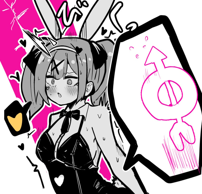 @_@ animal_ears arrow_(symbol) blush bow bowtie breasts detached_collar fake_animal_ears furrowed_brow hair_ornament hatsune_miku heart highres implied_penetration implied_sex leotard mazetama medium_breasts medium_hair open_mouth partially_colored playboy_bunny rabbit_ears rabbit_hole_(vocaloid) spoken_heart trembling twintails upper_body venus_symbol vocaloid x_hair_ornament