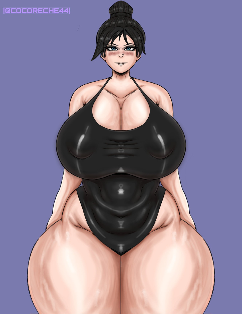 2024 apex_legends big_breasts black_hair breasts cocoreche huge_breasts light-skinned_female piercing renee_blasey self_upload simple_background swimsuit thick_thighs thigh_highs wide_hips wraith_(apex_legends)