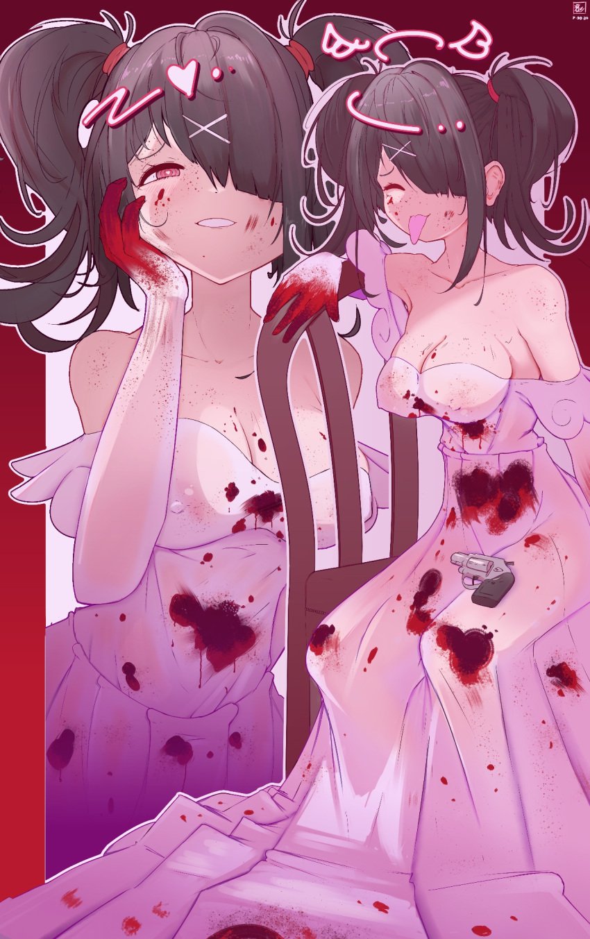 :p ame-chan arms_behind_back blep blood closed_eyes gown half-closed_eyes heart large_breasts long_dress needy_girl_overdose needy_streamer_overload nipple_bulge revolver sitting wedding_dress yandere