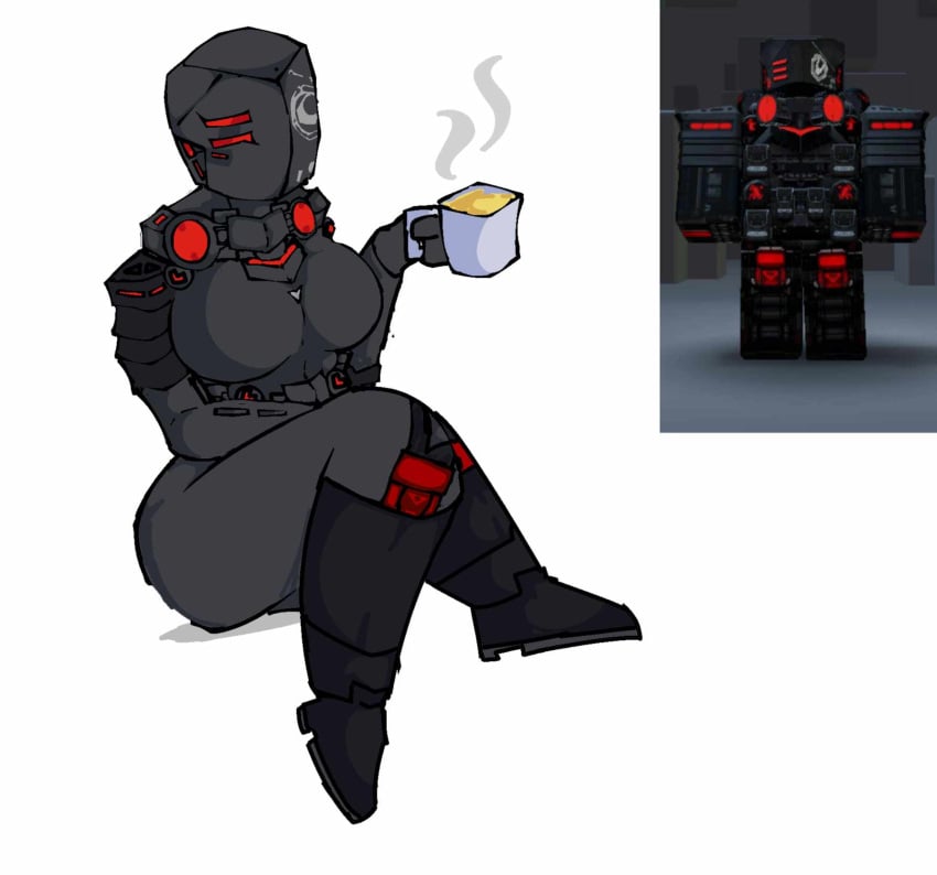 armored_female big_breasts big_butt big_thighs decaying_winter holding_coffee_mug red_armor roblox robloxian