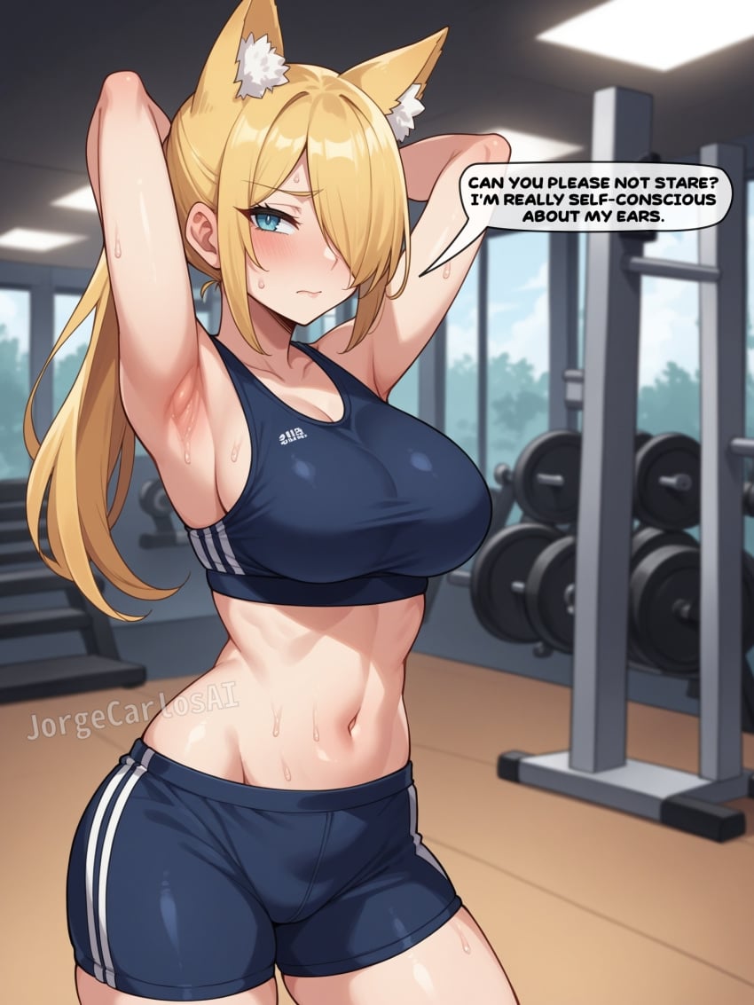 ai_generated animal_ears armpits arms_up big_breasts blonde_female blonde_fur blonde_hair blonde_hair_female blue_eyes blurry_background blush blush_lines blushing_at_viewer breasts closed_mouth ear_fluff english english_text female female_focus female_only fox fox_ears fox_girl fox_humanoid foxgirl gym gym_clothes gym_clothing gym_shorts gym_uniform hair_covering_eye hair_over_one_eye hands_behind_head jorgecarlosai long_hair mouth_closed navel original_character short_shorts shorts shy shy_expression speech speech_bubble sports_bra sports_shorts sportswear sweat sweatdrop sweating sweaty sweaty_body tank_top tanktop text text_bubble thighs tight_clothing toned toned_female uncomfortable watermark