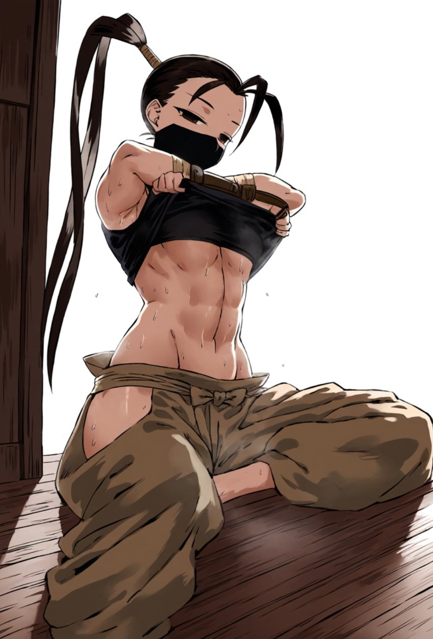 1girl 1girls abs ai_generated antenna_hair bare_midriff bare_stomach belly belly_button black_hair brown_eyes clothed clothing covered_nipples dark_hair face_mask female_focus female_only fit_female hair_pulled_back high_ponytail hip_vent ibuki_(street_fighter) looking_at_viewer muscular muscular_female navel ninja no_bra ponytail shirt_lift shirt_up six_pack stomach street_fighter street_fighter_iii street_fighter_iii:_3rd_strike sweat sweating sweaty tomboy toned toned_female tummy underboob workout