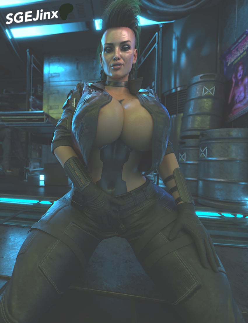 3d areola_peek arm_pads barrel barrels big_breasts blender blender_cycles blue_light breast_peek collar confident cybernetics cyberpunk cyberpunk_(series) cyberpunk_2077 earrings gloves jacket kneeling light-skinned_female light_skin lighting looking_at_viewer mohawk mohawk_(hairstyle) nightclub nipple_peek pants patreon_logo poster rogue_amendiares semi_clothed sgejinx_(artist) stomach table twitter_username young_version